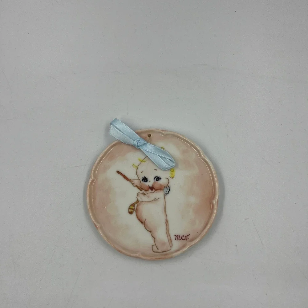 Vintage Kewpie Baby Wall Plaque Hand Painted Ceramic Porcelain Pink Blue 3.5